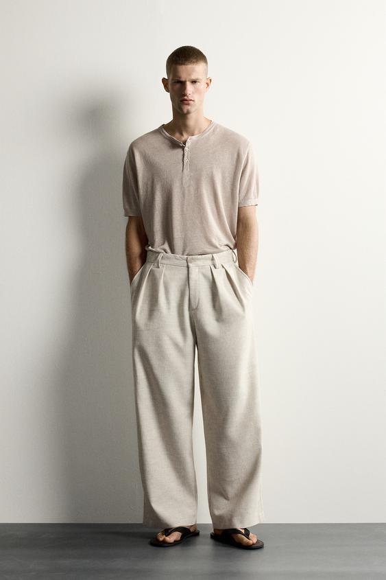TEXTURED RELAXED FIT PLEATED TROUSERS - Light beige by Zara - Image 0