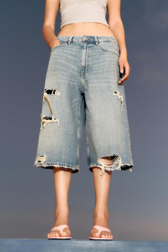 TRF MID-WAIST RIPPED DENIM JORTS - Blue by Zara - Image 0