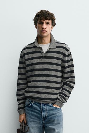 STRIPED COTTON/LINEN KNIT POLO SHIRT - Mid-grey by Zara
