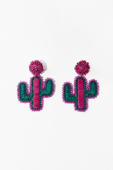 CACTUS RAFFIA RHINESTONE EARRINGS - Pink by Zara