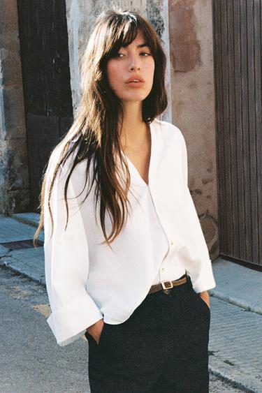 LINEN BLEND WIDE SLEEVE SHIRT - White by Zara