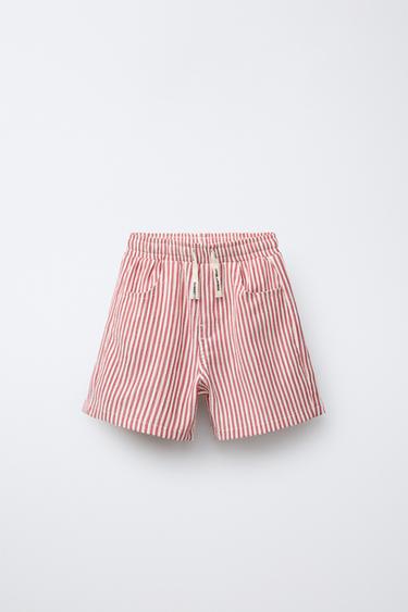 STRIPED TEXTURED PRINT BERMUDA SHORTS - Red / White by Zara