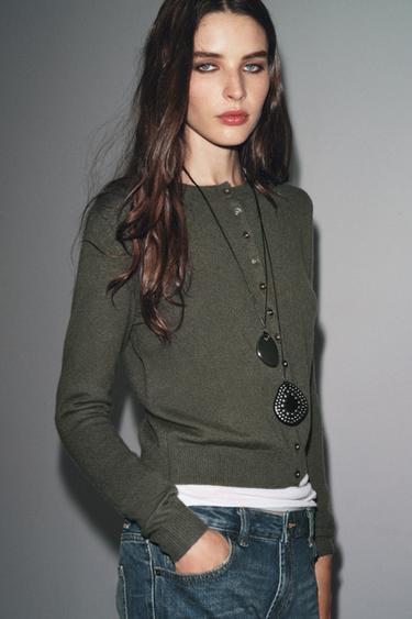 100% CASHMERE BUTTON CARDIGAN - Green by Zara