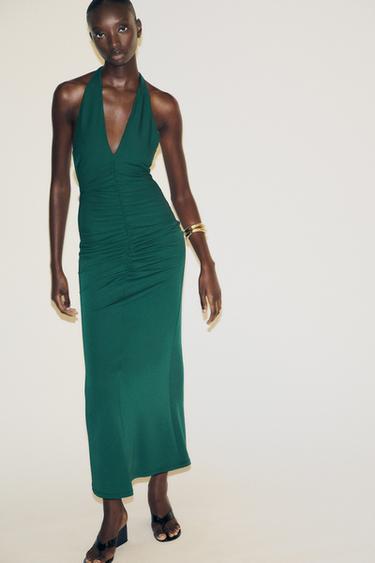 GATHERED HALTERNECK MAXI DRESS - Duck green by Zara