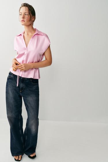 SHORT SLEEVE SATIN SHIRT WITH BELT - Pink by Zara