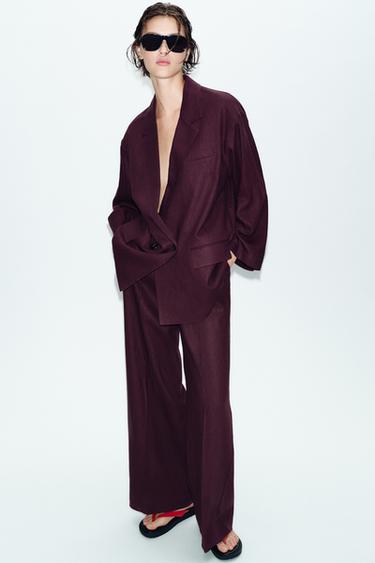 STRAIGHT-LEG LINEN TROUSERS - Aubergine by Zara