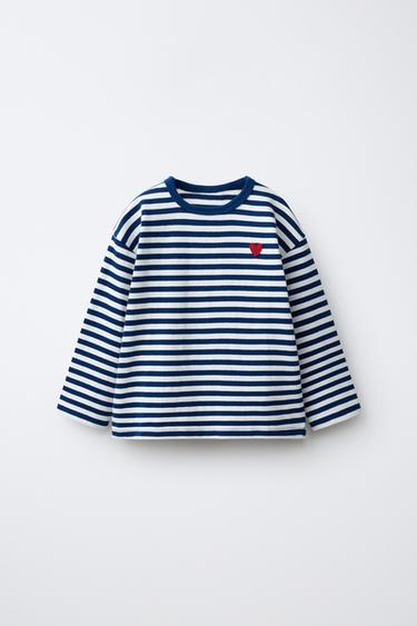 STRIPED HEART EMBROIDERY T-SHIRT - Blue by Zara
