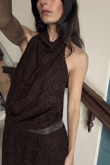 HALTERNECK LACE DRESS WITH SPARKLES - Chocolate by Zara