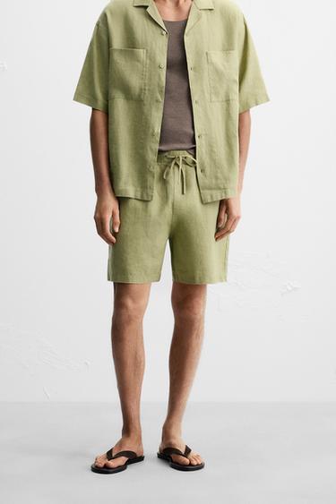 100% LINEN BERMUDA SHORTS - Green by Zara