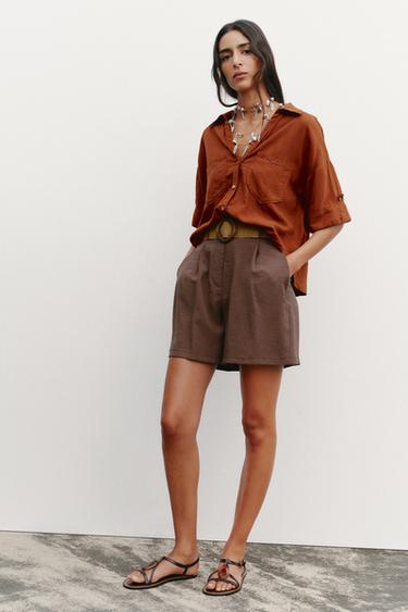 BERMUDA SHORTS WITH DARTS AND BELT - Brown by Zara
