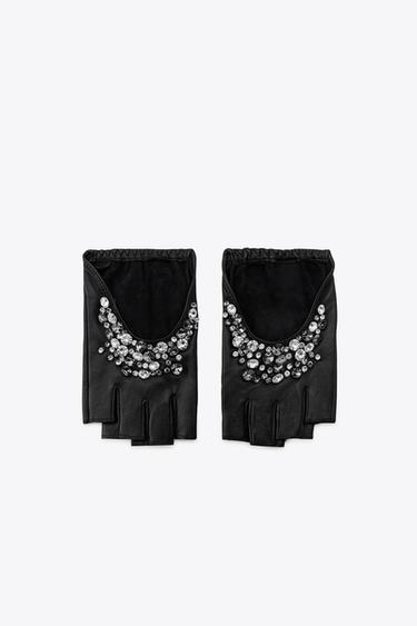 JEWELLED LEATHER MITTENS - Black by Zara