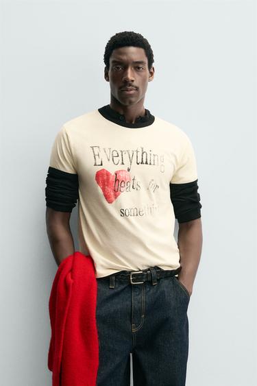 RIB T-SHIRT WITH CONTRAST HEART - Ecru by Zara