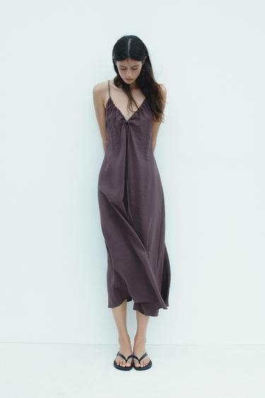 FLOWING MIDI DRESS WITH RUFFLED NECK - Purple by Zara