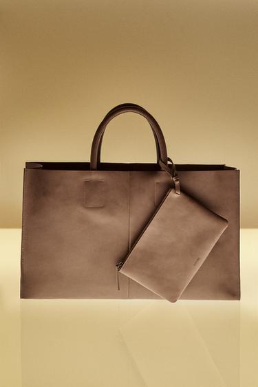 LEATHER TOTE BAG - Brown by Zara - Image 0