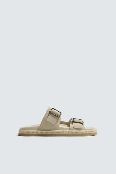 DOUBLE-STRAP LEATHER SANDALS - Taupe Grey by Zara