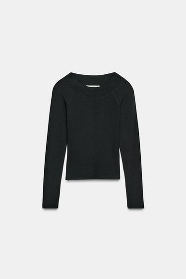 RIBBED BOAT NECK T-SHIRT - Black by Zara