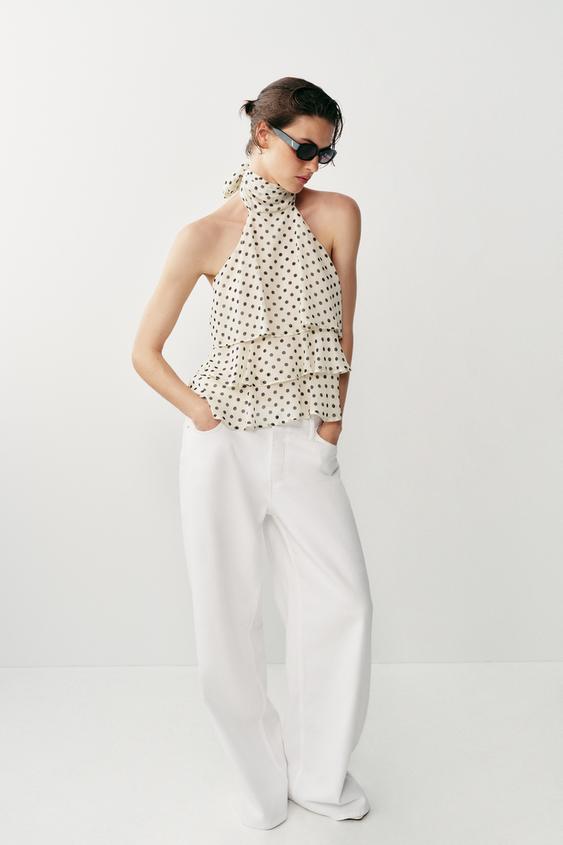 RUFFLED HALTER NECK TOP WITH DOTS - Ecru / Black by Zara - Image 0