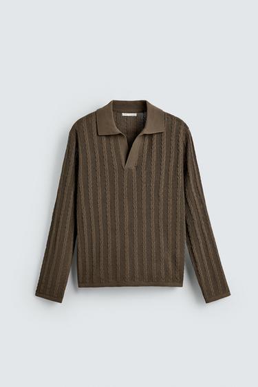 CABLE KNIT POLO SHIRT - camel by Zara