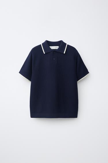 RIBBED KNIT POLO SHIRT WITH PIPING - Dark navy by Zara