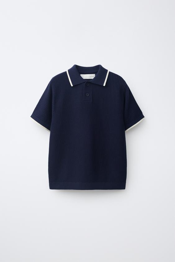 RIBBED KNIT POLO SHIRT WITH PIPING - Dark navy by Zara - Image 0