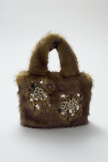 SHINY FAUX FUR HANDBAG - Green by Zara