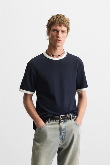 BASIC CONTRAST RIB T-SHIRT - Navy blue by Zara