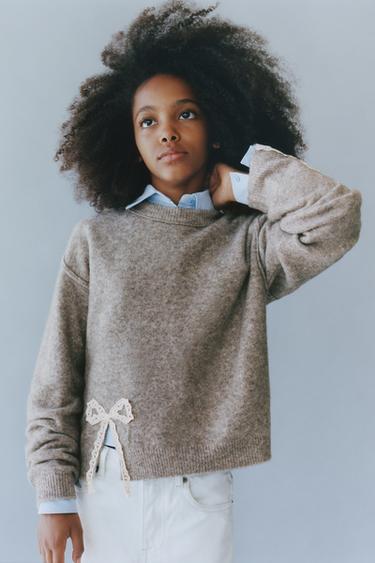 LACE BOW KNIT SWEATER - Brown / Taupe by Zara