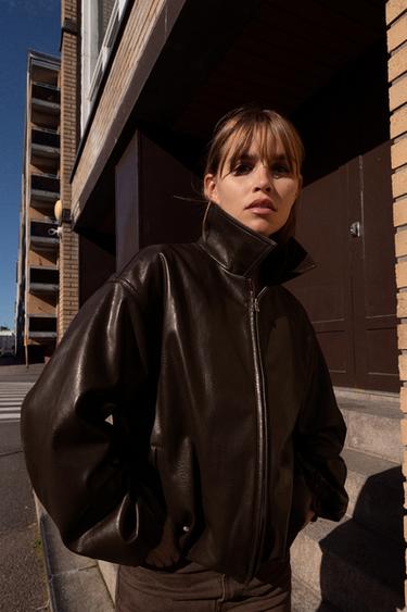 FAUX LEATHER BOMBER JACKET - Chocolate by Zara