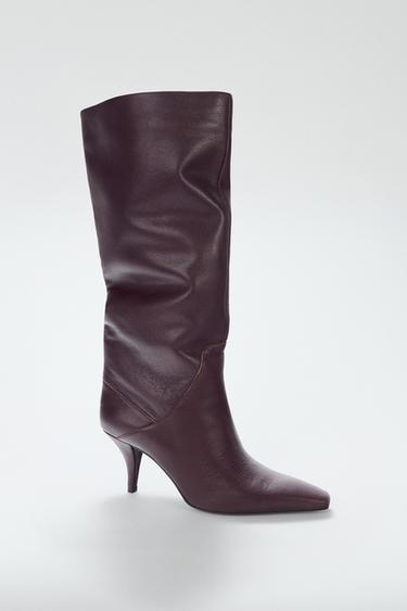 LEATHER HEELED BOOTS - Burgundy Red by Zara