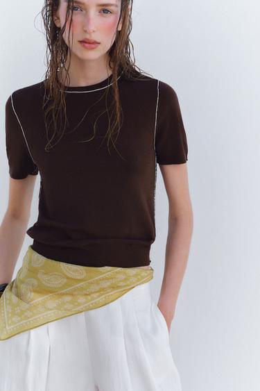 SHORT SLEEVE KNIT TOP WITH PIPING - Brown by Zara