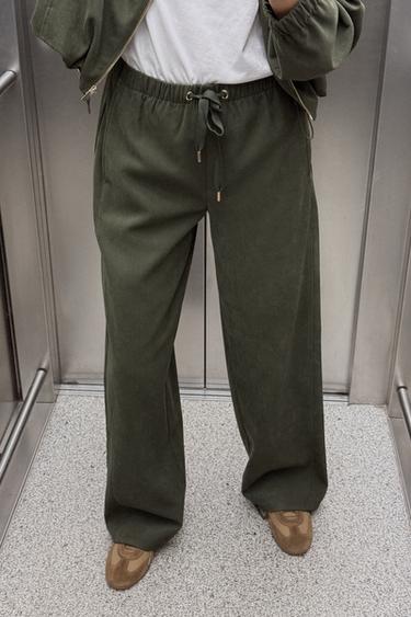 TEXTURED WIDE-LEG TROUSERS - Dark khaki by Zara