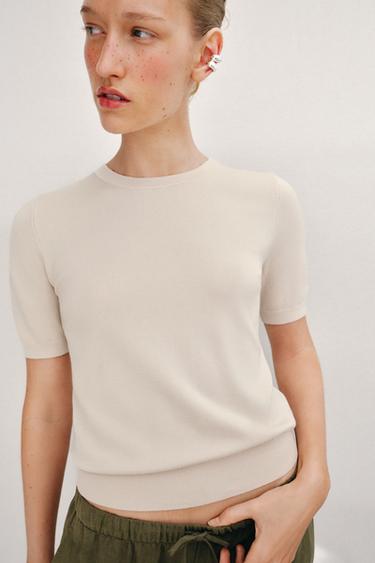 BASIC PLAIN KNIT SHORT SLEEVE TOP - Stone by Zara