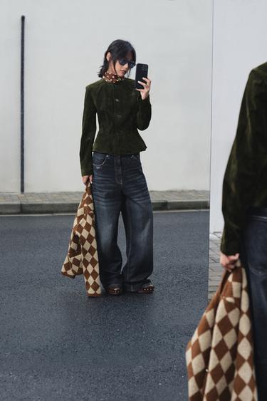 100% LEATHER JACKET WITH FLARED HEM - Khaki by Zara