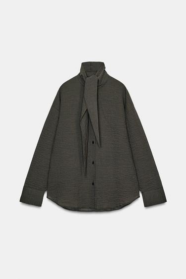 ZW COLLECTION CHECK SHIRT WITH SCARF - Khaki by Zara