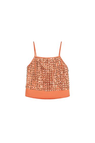 SEQUINNED CROP TOP - Orange by Zara