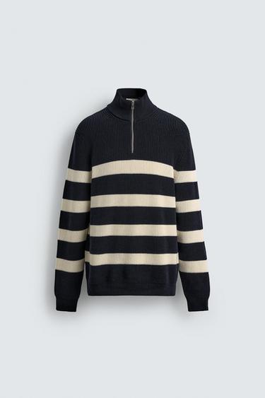 PURL KNIT QUARTER-ZIP JUMPER - Ecru / Navy by Zara
