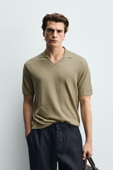 REGULAR FIT COTTON/LINEN KNIT POLO SHIRT - Moss green by Zara