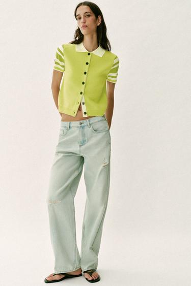 STRIPED SHORT SLEEVE CARDIGAN - Fluorescent lime by Zara