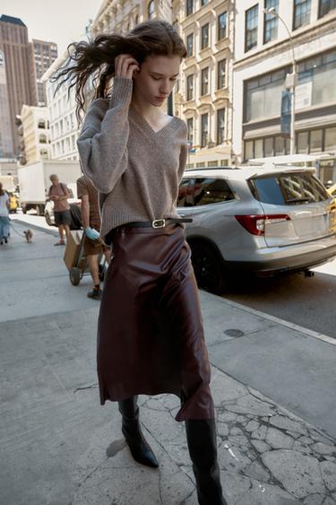FAUX LEATHER MIDI SKIRT WITH BELT - Burgundy by Zara
