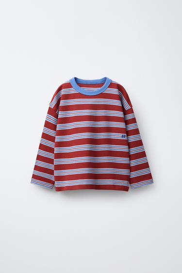 STRIPED EMBROIDERED T-SHIRT - Red / White by Zara