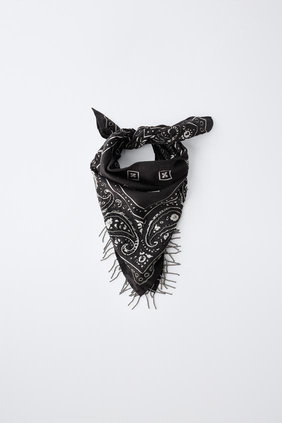 PAISLEY BANDANA WITH BEADED FRINGE - Black by Zara - Image 0