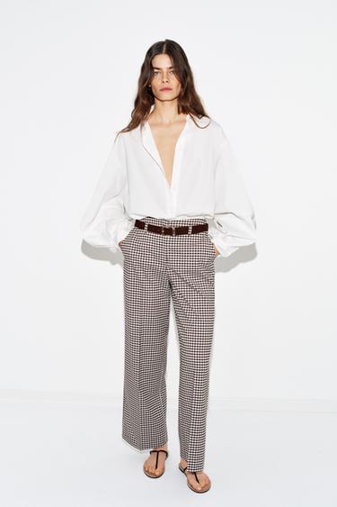 GINGHAM STRAIGHT TROUSERS WITH BELT - Brown by Zara