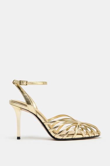 METALLIC HIGH-HEEL CAGE SANDALS - Gold by Zara