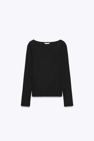 COTTON BOAT NECK T-SHIRT - Black by Zara