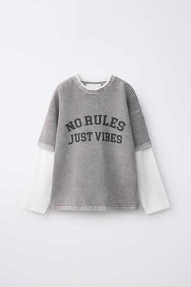 TEXTURED DOUBLE-SLEEVE T-SHIRT - Pearl grey by Zara