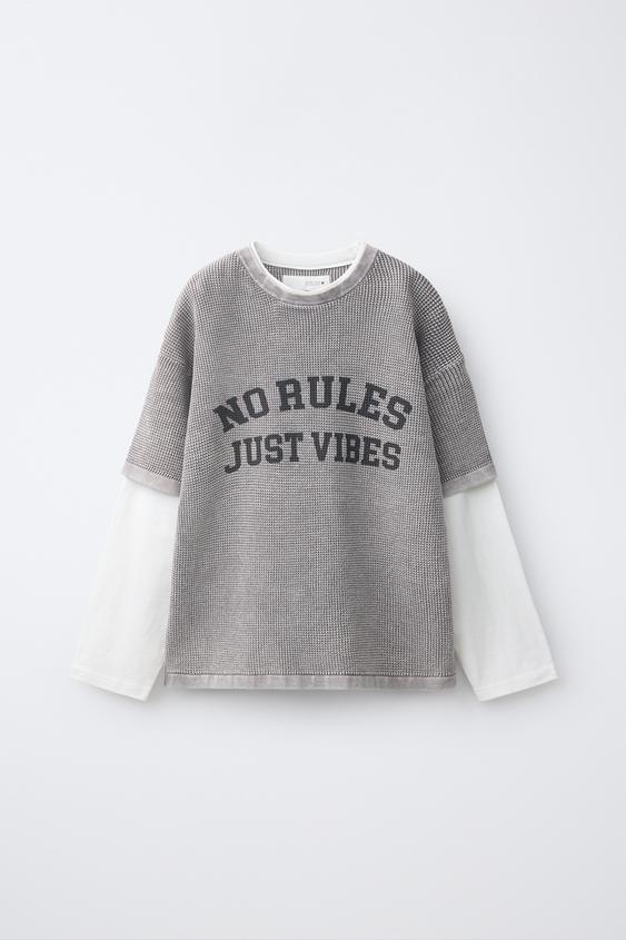 TEXTURED DOUBLE-SLEEVE T-SHIRT - Pearl grey by Zara - Image 0