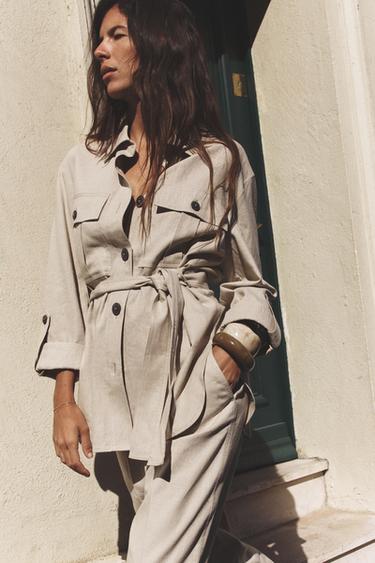 LINEN-BLEND SAFARI SHIRT - Light beige by Zara