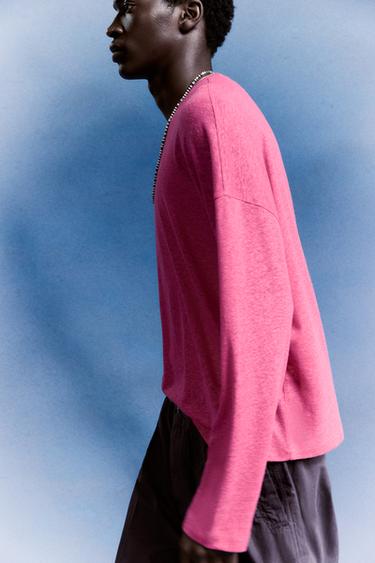 VISCOSE - LINEN T-SHIRT - Fuchsia by Zara
