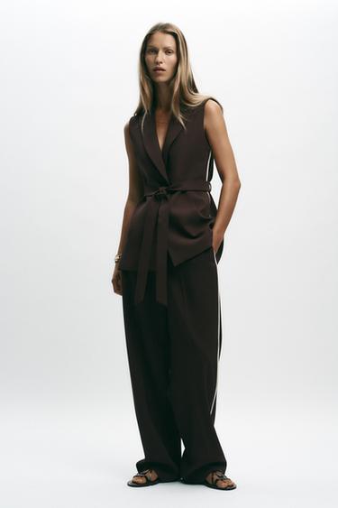 LONG WAISTCOAT WITH SIDE STRIPE - Brown by Zara