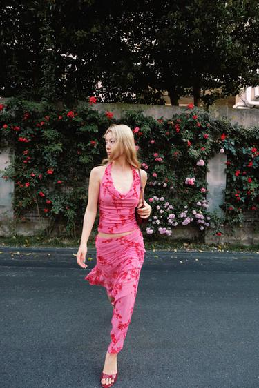 FLOCKED TULLE HALTER TOP - Mid-pink by Zara